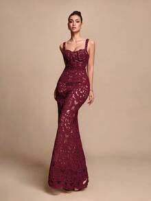 Glamine Women's Solid Color Hollow Design Fitted Elegant Sexy Spaghetti Strap Evening Dress Wedding Dinner Party Burgundy Summer - Burgundy - View 7