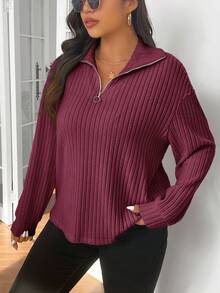SHEIN Frenchy Kaos Kasual Kerah Resleting Warna Aprikot Lembut Ukuran Besar, Pakaian Musim Gugur untuk Wanita - Burgundy - View 7