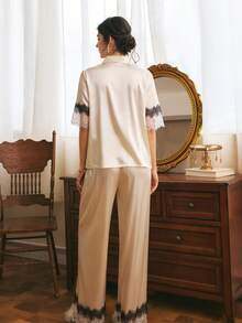 Côtesoire Women's Lace Patchwork Top And Pants Pajama Set - Apricot - View 2