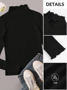 SHEIN EZwear 女式大码针织罗纹 T 恤 - 黑色 - 查看 3