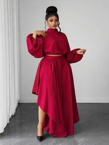 Maweii Set Pakaian Wanita Ukuran Besar Atasan Kerah Tegak Warna Polos dan Celana Panjang Modis untuk Musim Gugur - Burgundy - View 4