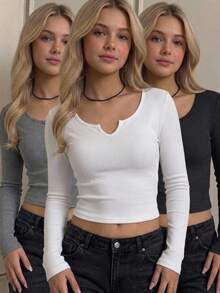 SHEIN 3pcs/Set Teen Girl Solid Color V-Neck Long Sleeve Casual T-Shirt Set - Multicolor - View 8