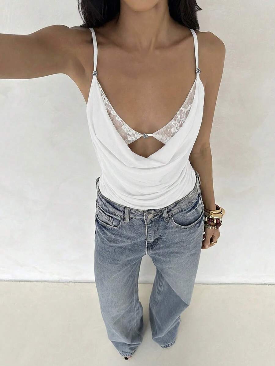 Aloruh Women's Lace Patchwork Pleated Casual Versatile Daily Wear Camisole Camisole - White - View 1
