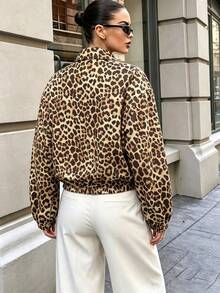 SHEIN Vintage Casual Streetstyle Streetwear Street Leopard Print Lapel Zip-Up Waist-Cinching Short Jacket Everyday Traveling Beige Autumn Everyday Everyday - Brown - View 4