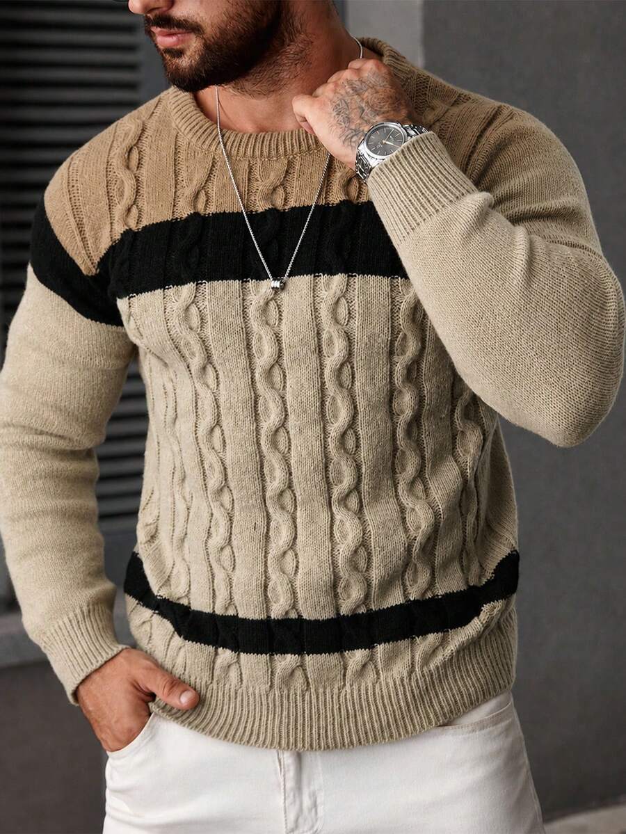 Manfinity Homme 男士粗針條紋對比色麻花編織圓領長袖休閒套頭毛衣,秋冬款 - 彩色 - 查看 1