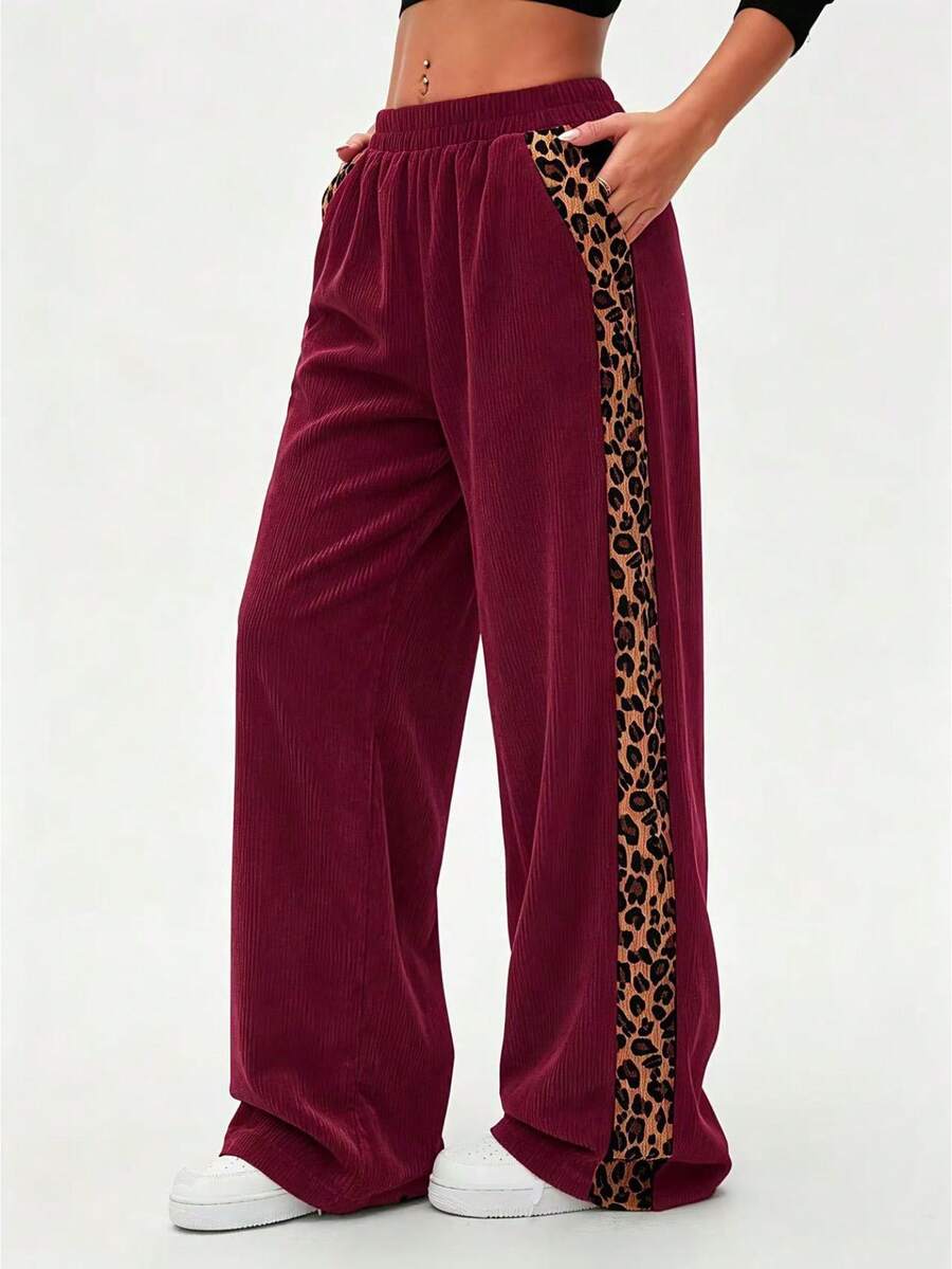 SHEIN LUNE Women's Autumn/Winter Leopard Print Patchwork Casual Straight Leg Pants - Burgundy - View 1