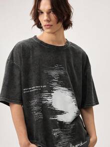 Vaulklash Manfinity Streetrush Men's Blurred Face Print Snow-Washed Cotton T-Shirt,Dark Grey Summer Streetwear City Break Short-Sleeved Round Neck Graphic Tee - Black - View 8