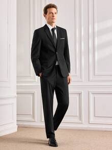 Officeau Men's 2pcs Black Suits, Blazer & Pants, For Formal Business/ Office - Black - View 8