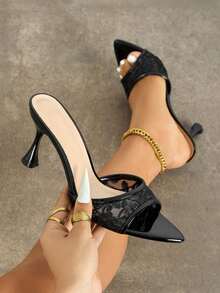 Glamine Women's High Heel Shoes, Fashionable For Parties, Outdoor Events, Banquets, With Transparent Mesh, Printed Pattern, Soft Mirror-Like Material - Black - View 6