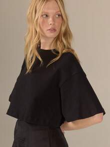 KÆRIA Hus Cropped High Neck Cape Sleeve Tee - 100 Cotton Jersey - Black - Modern, Clean Lines, Easy Styling, Everyday Daytime, Autumn, Minimalist, Basic - Black - View 7