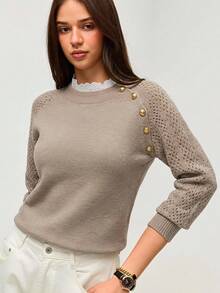 SHEIN Orluneo 全新花卉装饰圆领宽松休闲女式毛衣 - 卡其色 - 查看 2