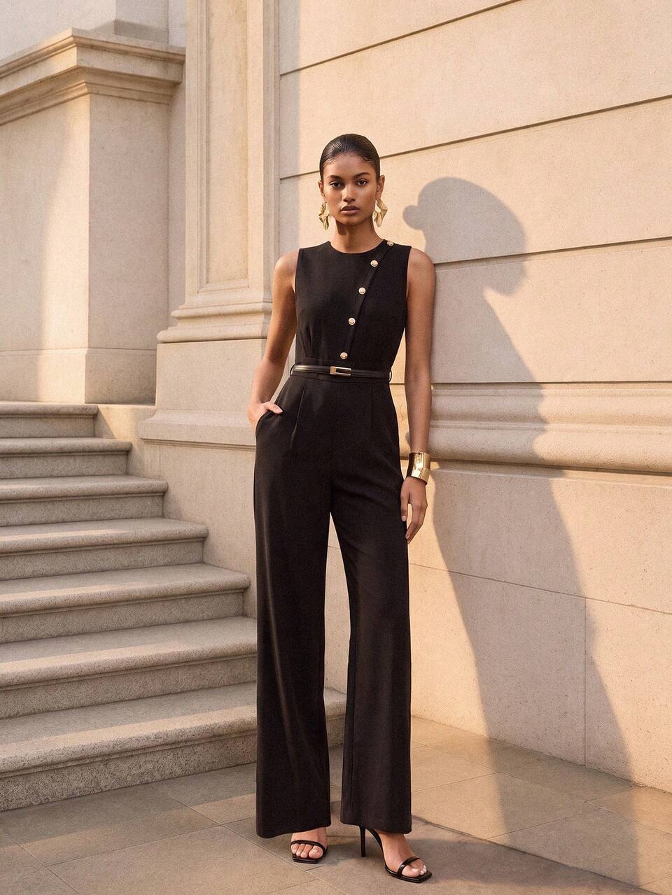 MOTF PREMIUM PATCHWORK ELEGANT HIGH WAIST SLIMMING WIDE LEG LONG PANTS SLEEVELESS COMMUTER JUMPSUIT FOR WOMEN