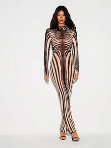 KIZN Zebra Print Placement Long Sleeve High Neck Bodycon Maxi Dress Party Evening Floor Length - Multicolor - View 6