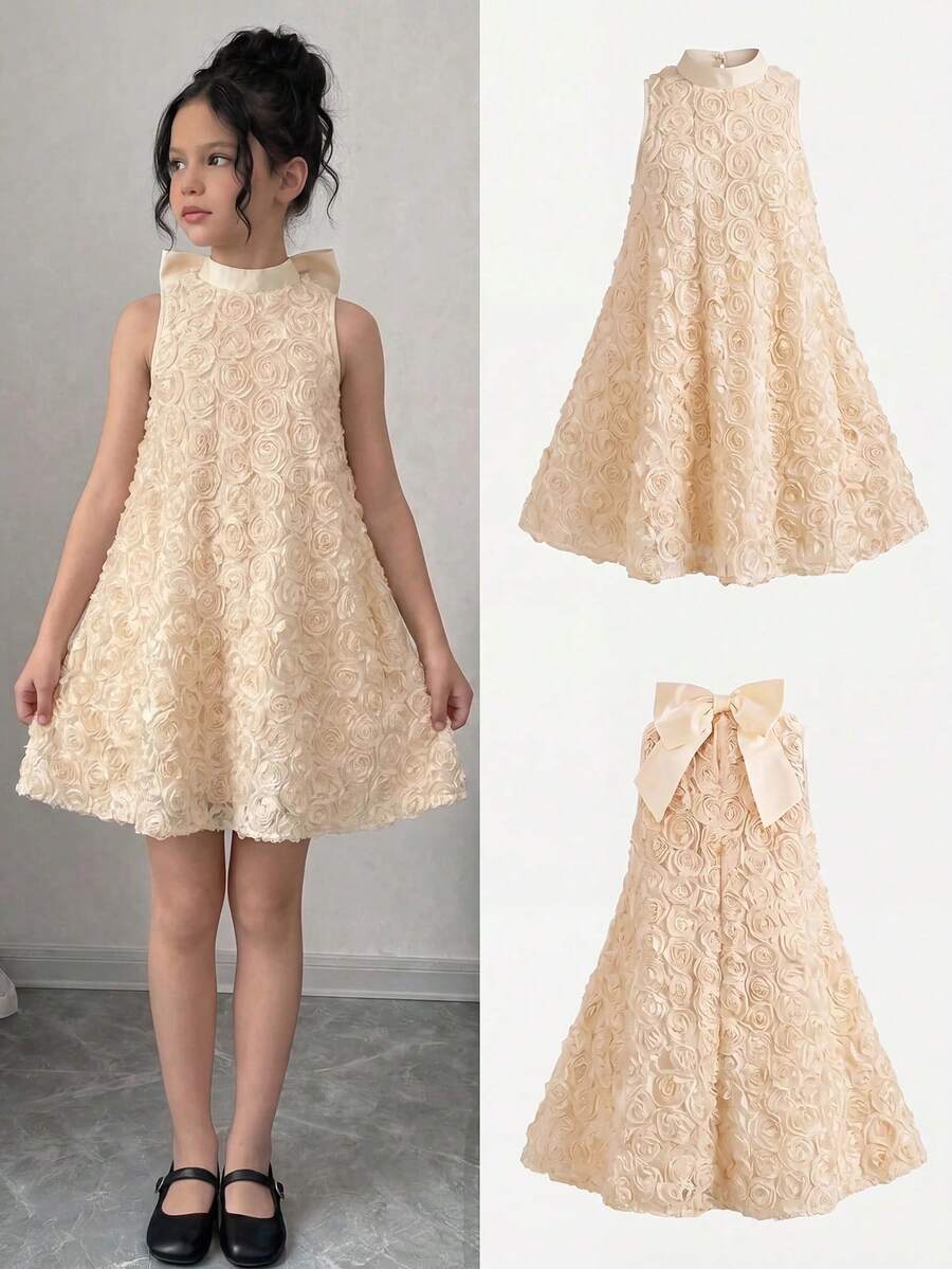 SHEIN 少女宽松可爱立领3D立体玫瑰刺绣网纱无袖蝴蝶结露背中长连衣裙,杏色和香槟色,适合婚礼、花童、生日派对等场合 - 杏色 - 查看 1