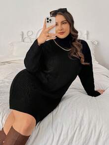 SHEIN Privé 大码女式舒适休闲日常高领阿兰针织宽松直筒毛衣连衣裙，白色，秋冬 - 黑色 - 查看 3