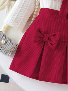 SHEIN Playful Pals 2 件套女婴白色纹理针织长袖上衣和红色灯芯绒裙子套装，适合幼儿的可爱甜美服装 - 紅色 - 查看 5