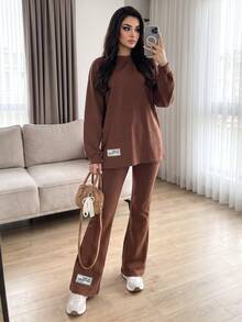 Solavon Women's Casual Modest Filipiniana Brown Crew-Neck Sweatshirt And Pants Set Formal Home Wear Office Winter - Coffee Brown - View 3