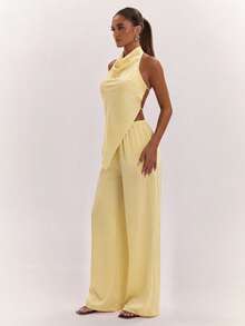 SHEIN BAE Summer Sexy Solid Color Backless Halter Top And Wide Leg Pants Set - Yellow - View 3