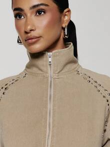 MUSERA Studded Funnel Neck Cropped Jacket With Cinched Ribbed Waist Boho, Sexy, Autumn, Festival, Girly, Studs & Suede - Khaki - View 6
