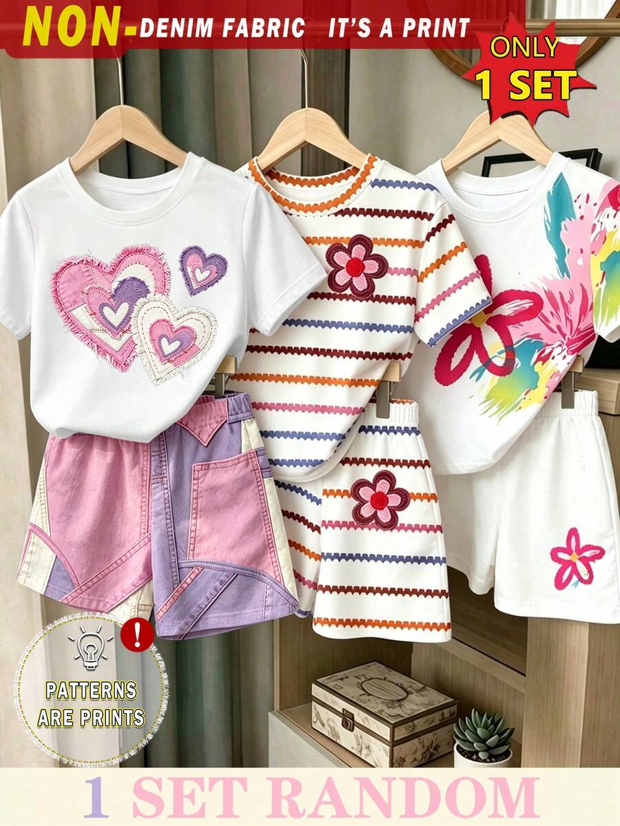 (1 Random Item From 3) Girls Fresh Ink Splatter Striped Colorful Floral Pink Purple Patchwork Heart Pattern Basic Short T-Shirt And Shorts - Multicolor - View 1