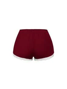 ROMWE Ribbed Lace Camisole & Shorts Casual Pajama Set - Burgundy - View 8