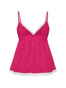 ROMWE Ribbed Lace Camisole And Shorts Casual Pajama Set - Hot Pink - View 6