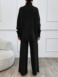 SHEIN Tall 2件組高領落肩針織衫與羅紋素色針織長褲家居服套裝，女款冬季衣著，兩件式套裝，秋季穿搭，適合高個女性 - 黑色 - 查看 2