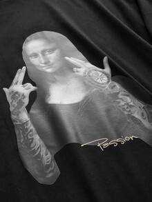 大尺碼男士休閒蒙娜麗莎與字母圖案圓領短袖T恤，寬鬆版型，輕量夏季哥德龐克街頭風Emo男孩圖案T恤 - 黑色 - 查看 7