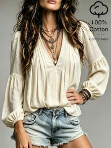 SHEIN Cream White Washed Textured Fabric Deep V-Neckline Double-Sided Multi-Pleated Shoulder Micro-Petal Sleeve Patchwork Ruched Loose Lantern Mid-Sleeve A-Line Flared Loose Blouse - Apricot - View 3