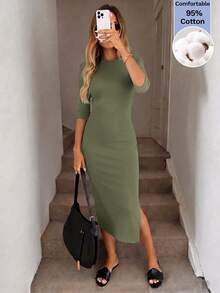 Easowa Women's Casual Basic Commute Day Time Night Solid Color Fitted Midi Dress Everyday Day Time Olive Green Summer - Army Green - View 4