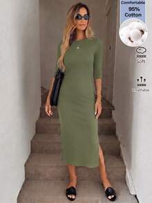 Easowa Women's Casual Basic Commute Day Time Night Solid Color Fitted Midi Dress Everyday Day Time Olive Green Summer - Army Green - View 5
