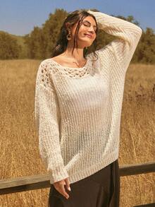 Freevana Boho Soft Form Allover White Ribbed Knit Sweater With Crochet Yoke Off-Shoulder Neck Cozy Autumn Party Office Date Night Top Pullovers For Women Fall - White - View 7