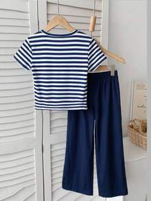 Tween Girls Squishy Blue Striped Knit Set Casual Everyday Versatile - Blue - View 2