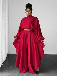 Maweii Set Pakaian Wanita Ukuran Besar Atasan Kerah Tegak Warna Polos dan Celana Panjang Modis untuk Musim Gugur - Burgundy - View 2