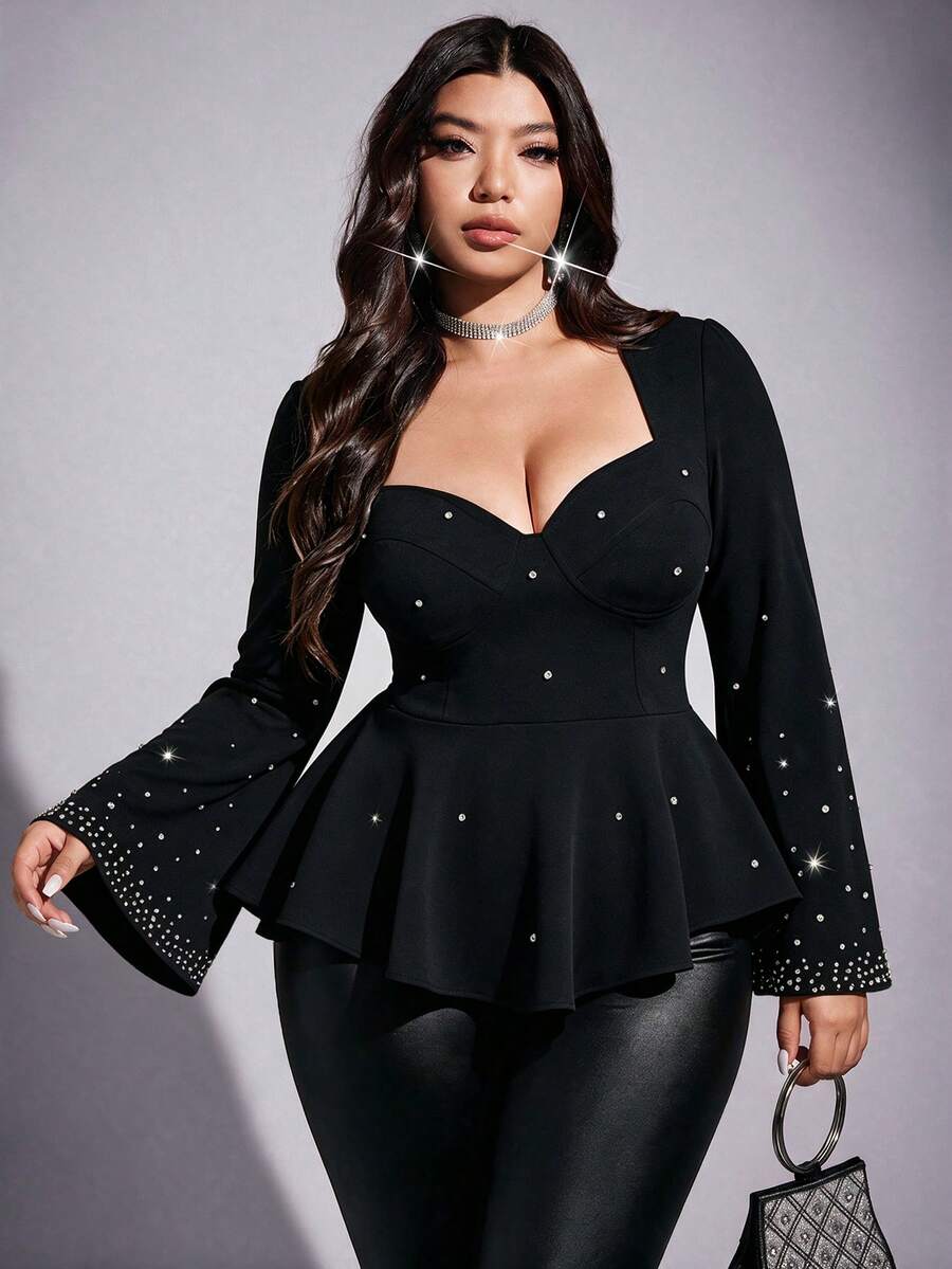 Viva Relle Plus Size Women's Heavy Embellished Rhinestone Black Waist-Cinching Blouse, Exquisite Atmosphere Outfit For Evening Party And Date Fall - Black - View 1
