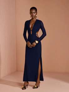 JIAN LASALA Mesh Deep V Side Cutouts Long Sleeve Women Boho Maxi Dress Vacation Holiday Wear - Blue - View 3