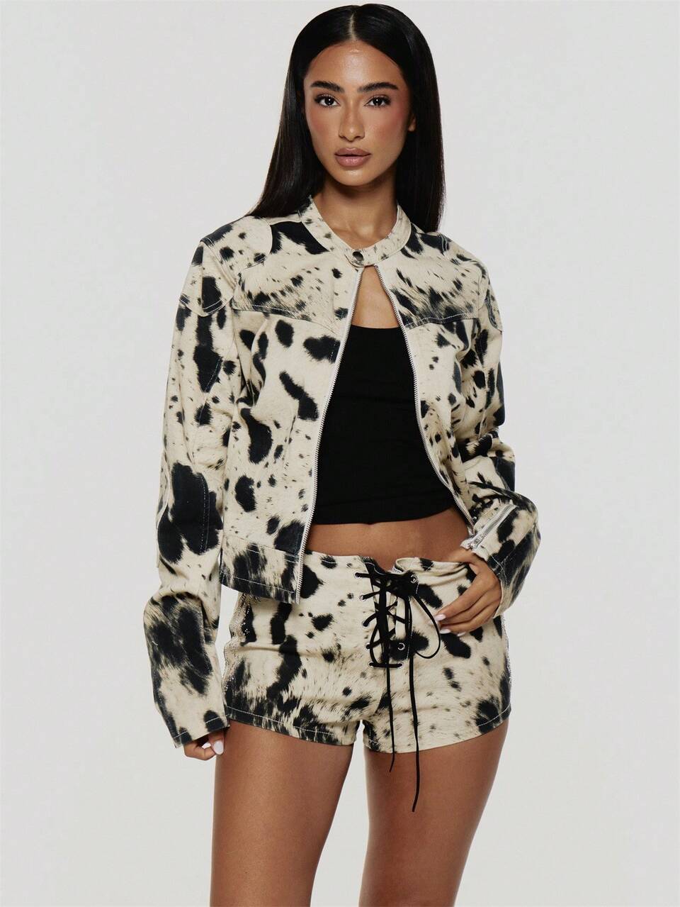 Cow-Print Boxy Fiit Denim Biker Jacket With Snap Collar