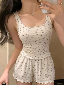 DAZY 2 件套女士碎花舒适睡衣套装 - 米色 - 查看 7