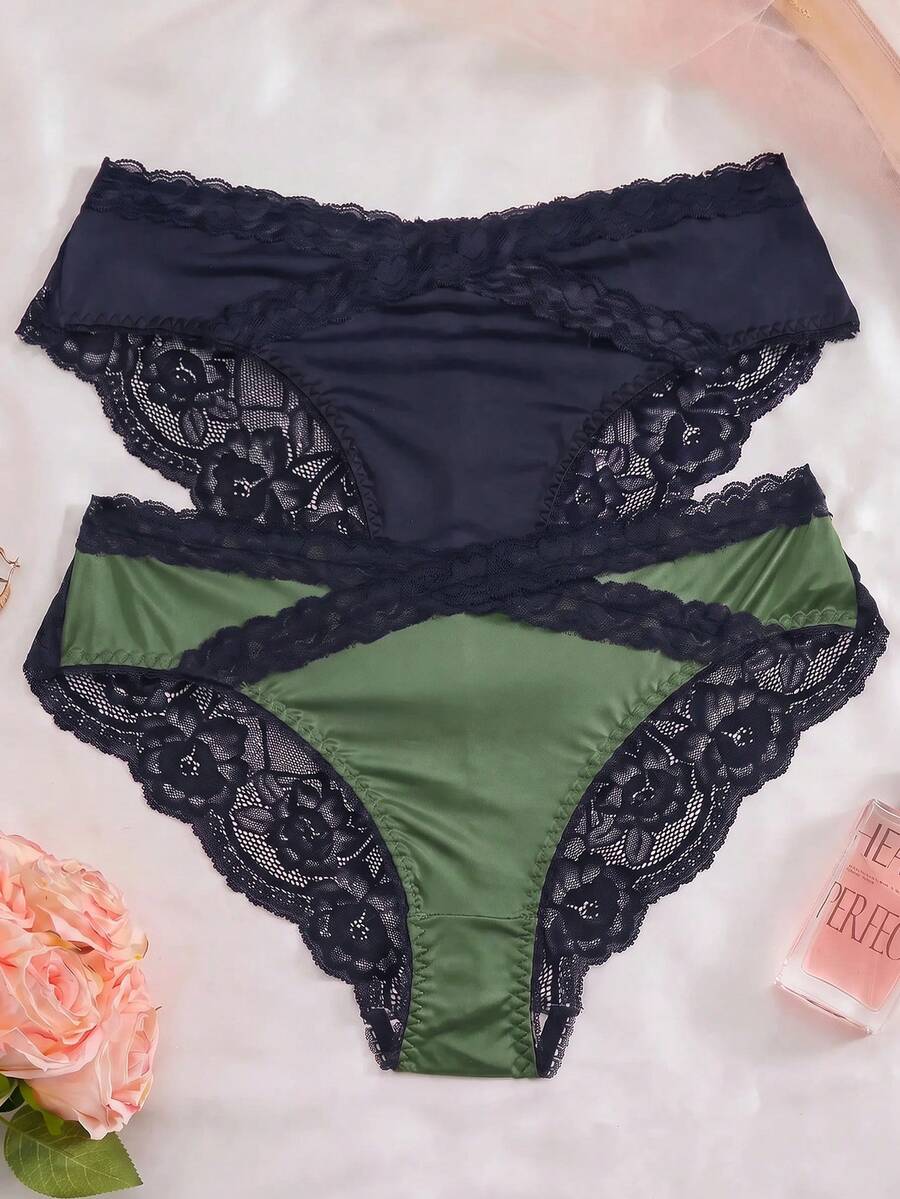 SHEIN 女款 2 件組迷人黑紅配色愛心蕾絲交叉網格玫瑰設計系列三角內褲 - 彩色 - 查看 1