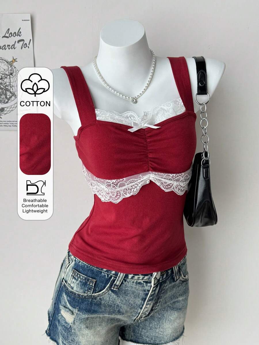 DAZY Atasan Wanita Kasual Serbaguna untuk Pemakaian Sehari-hari dengan Hiasan Pita dan Patchwork Renda - Burgundy - View 1