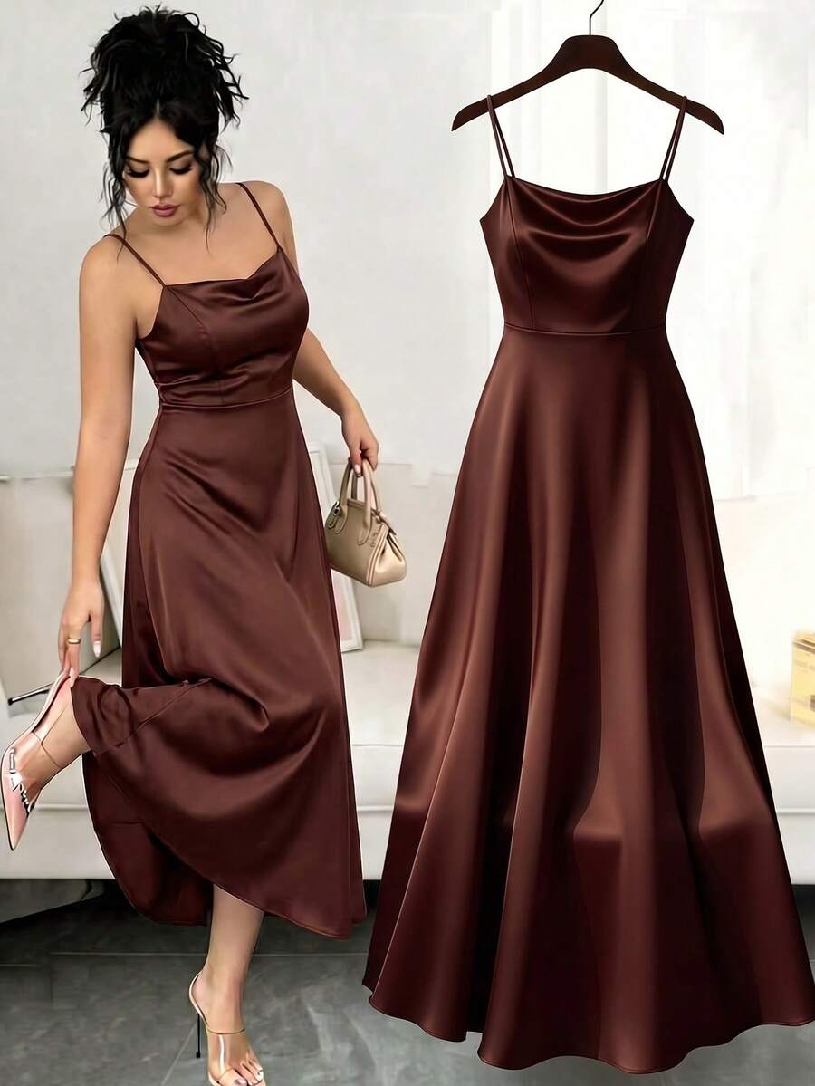 GlowEve CURVE Plus Size Women Elegant Solid Color Spaghetti Strap Backless Cinched Waist A-Line Dress, Suitable For Summer Casual Vacation - Brown - View 1