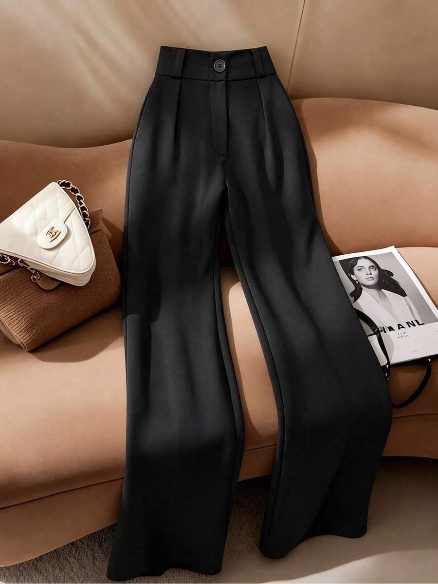 Wovencharm Wovencharm Solid High Waist Wide Leg Suit Pants - Black - View 1