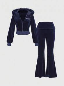 ROMWE Grunge Punk Setelan Wanita 2 Potong: Sweatshirt Berkerudung Pas Badan Bermotif Rhinestone Beludru Gaya Y2K Millennium Hot Girl, Celana Flare Pinggang Rendah - Navy Blue - View 1