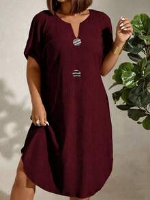 EMERY ROSE CURVE Plus Size Women Spring Summer Solid Color Knit Textured Fabric V-Neck Curved Hem Personalized Large Button Decor Loose Casual Home Comfortable Mid-Length Dress - Burgundy - View 1