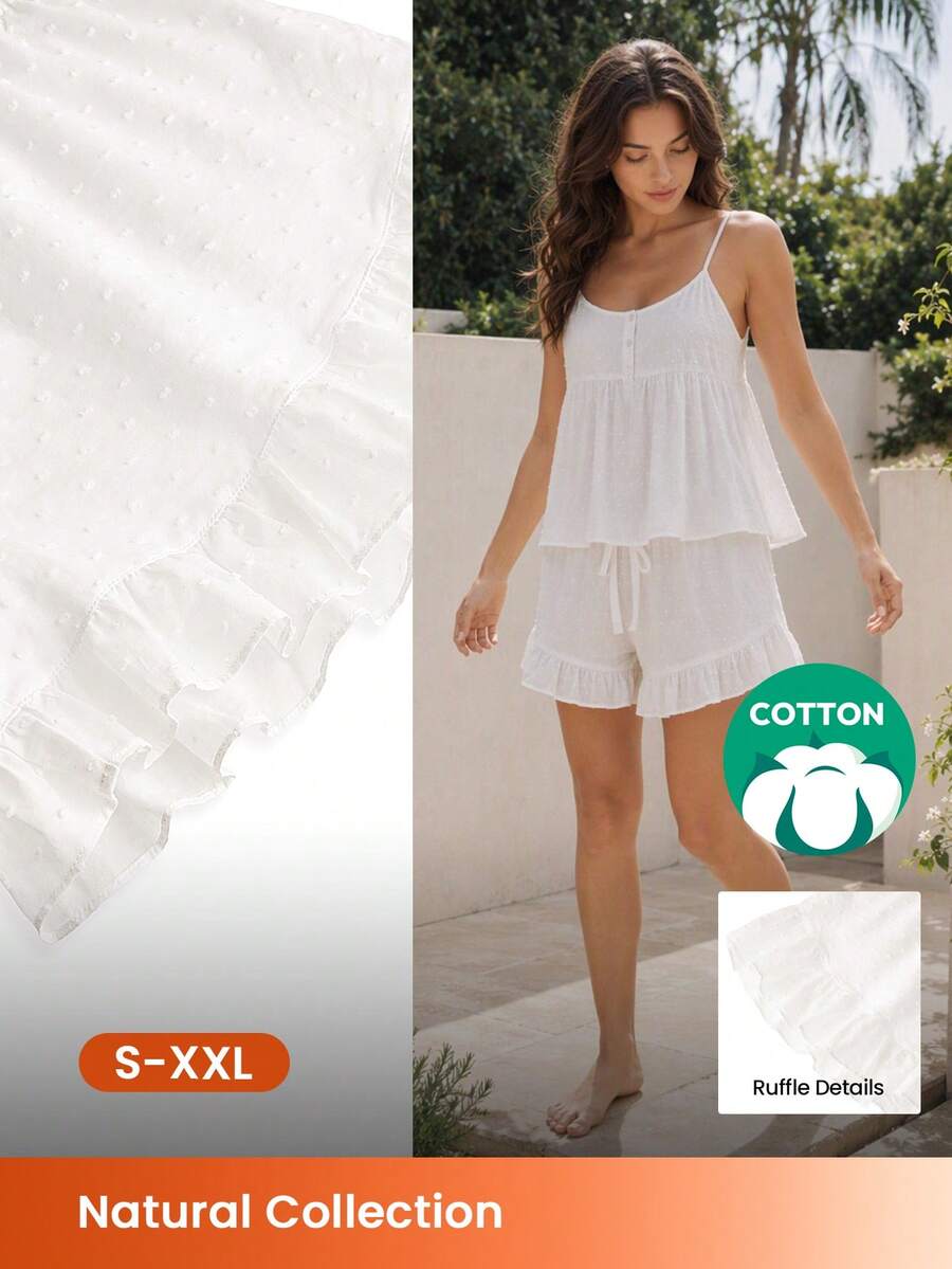 LUVLETTE Summer Sweet Elegant Airy White Polka Dot Pajama Set - Ruffled Camisole & Shorts Sheer Sophisticated Lounge Wear