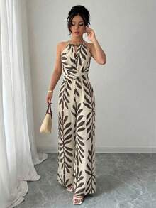 EMERY ROSE Women's Elegant Casual Beige Base With Brown Design Linen Fabric Halter Beaded Design Waist Bow Tie Design Jumpsuit, Spring/Summer ,Petite Women - Multicolor - View 3