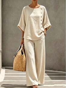 SHEIN Holidaya Women's Beige Side Button Top & Wide Leg Pants Two Pieces Set, Loose Casual Outfit For Spring Summer - Apricot - View 1