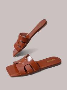 Styleloop Sandalias retro tejidas de punta cuadrada, suela plana, zapatillas de exterior, zapatos versátiles para mujer para uso diario, desplazamientos y vacaciones - Marrón claro - Ver 3