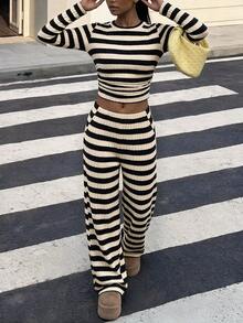 SHEIN Tween女孩抓絨條紋時尚抽褶極簡休閒長袖褲裝套裝 秋冬穿搭 - 彩色 - 查看 4