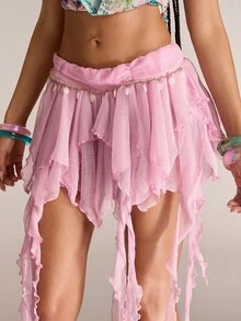 ACID BLVD Spring/Summer Valentine's Day Women's Vintage Mermaid Sexy Jellyfish Flowy Band Shell Pendant Asymmetrical Hem Skirt - Pink - View 2